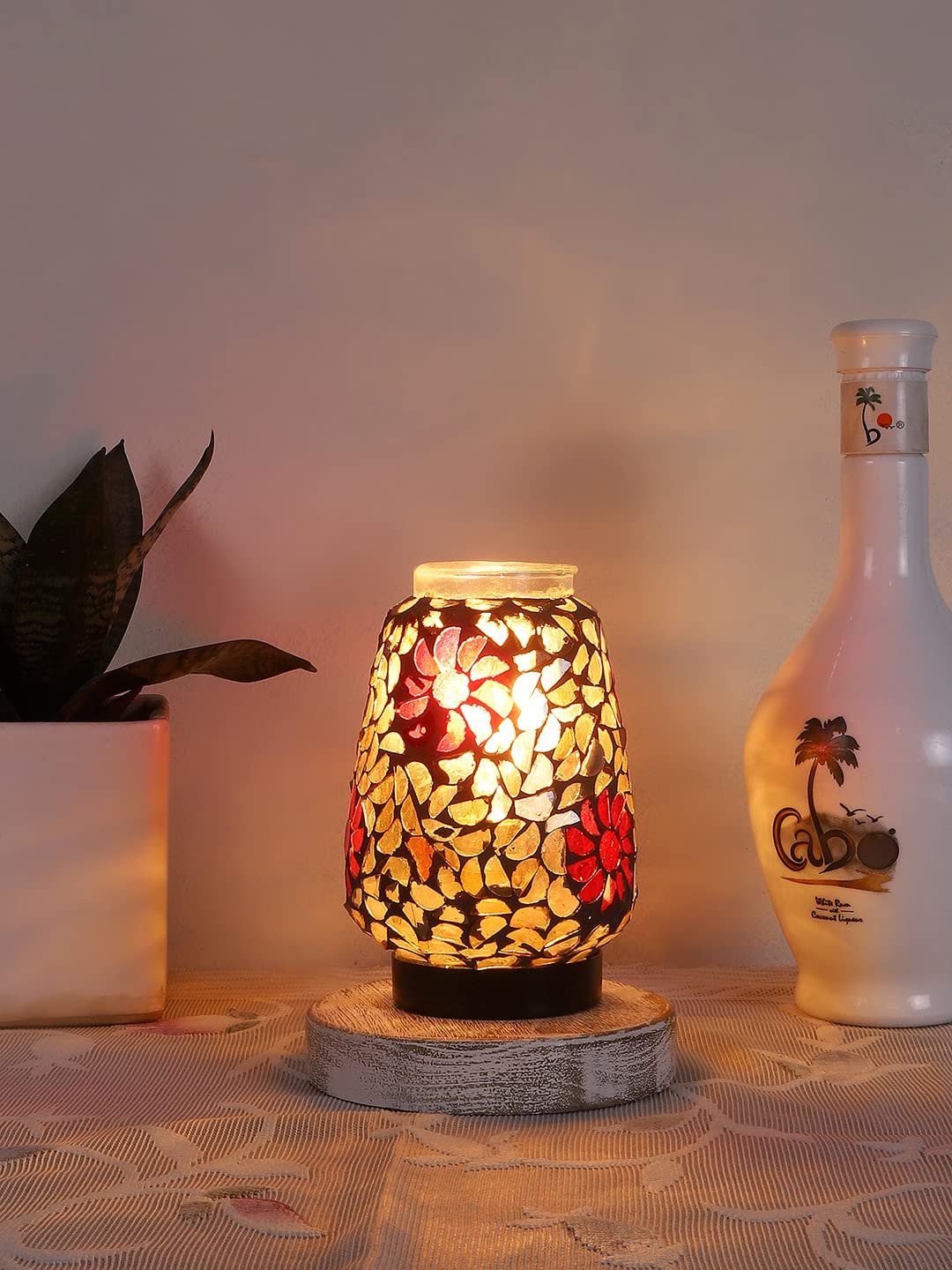 White Brushed Round Wood Multicolor Mosaic Glass Table Lamp -FD50