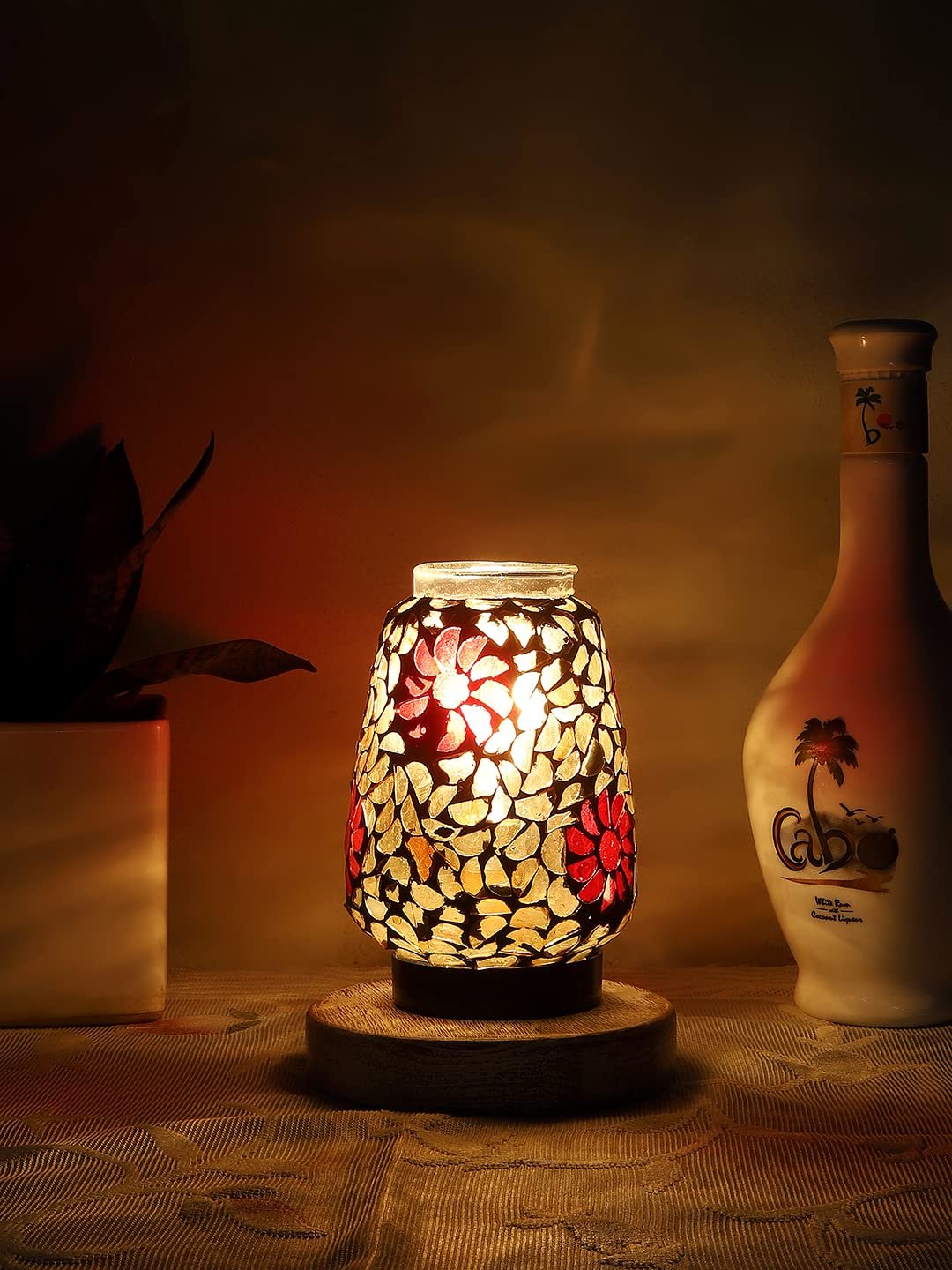 White Brushed Round Wood Multicolor Mosaic Glass Table Lamp -FD50