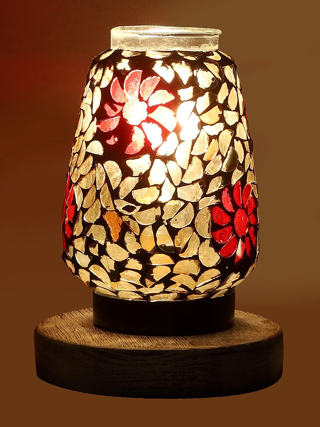 White Brushed Round Wood Multicolor Mosaic Glass Table Lamp -FD50