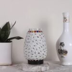 White Brushed Round Wood Multicolor Mosaic Glass Table Lamp -FD51