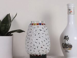 White Brushed Round Wood Multicolor Mosaic Glass Table Lamp -FD51