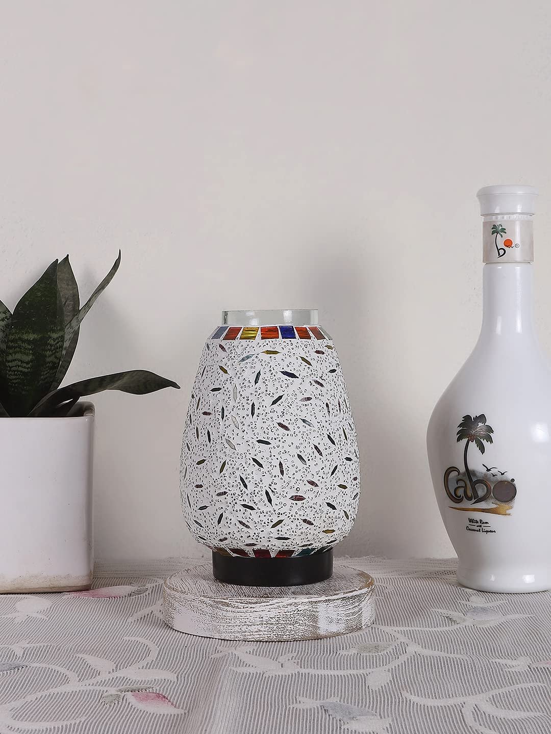White Brushed Round Wood Multicolor Mosaic Glass Table Lamp -FD51