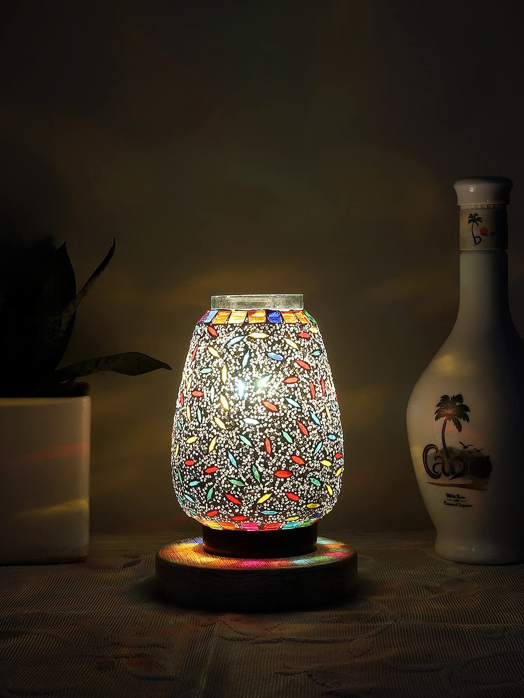 White Brushed Round Wood Multicolor Mosaic Glass Table Lamp -FD51