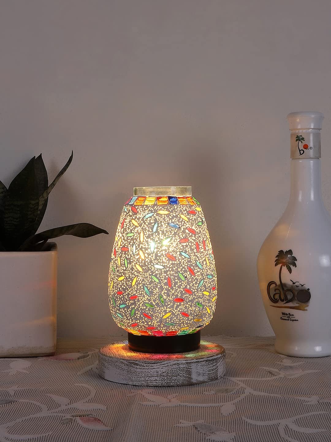 White Brushed Round Wood Multicolor Mosaic Glass Table Lamp -FD51