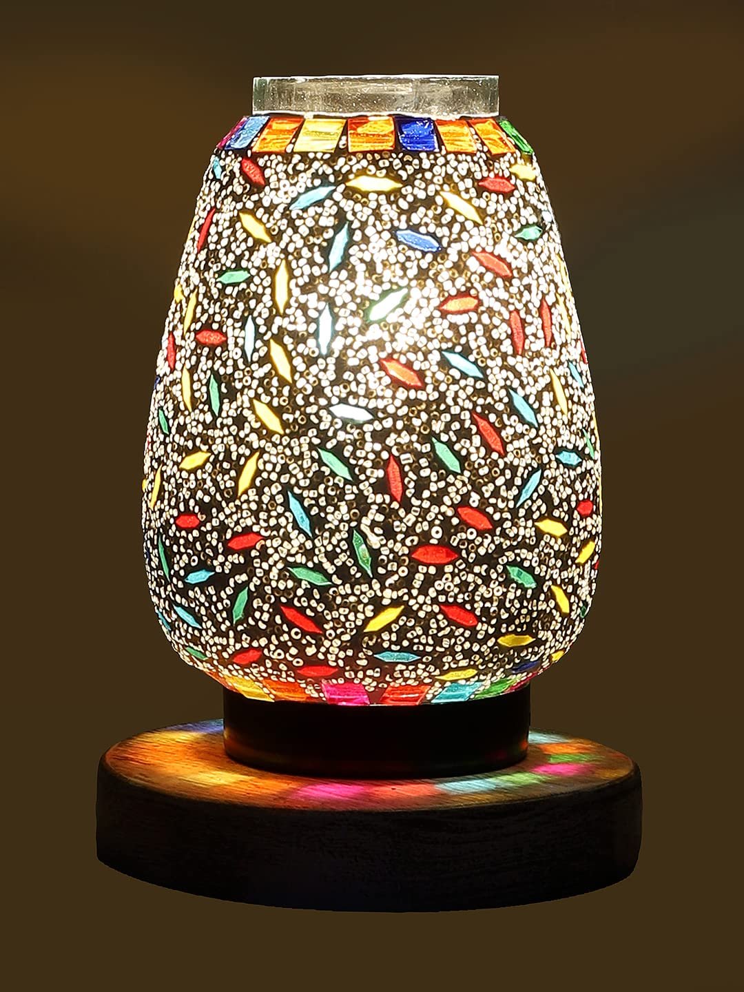White Brushed Round Wood Multicolor Mosaic Glass Table Lamp -FD51
