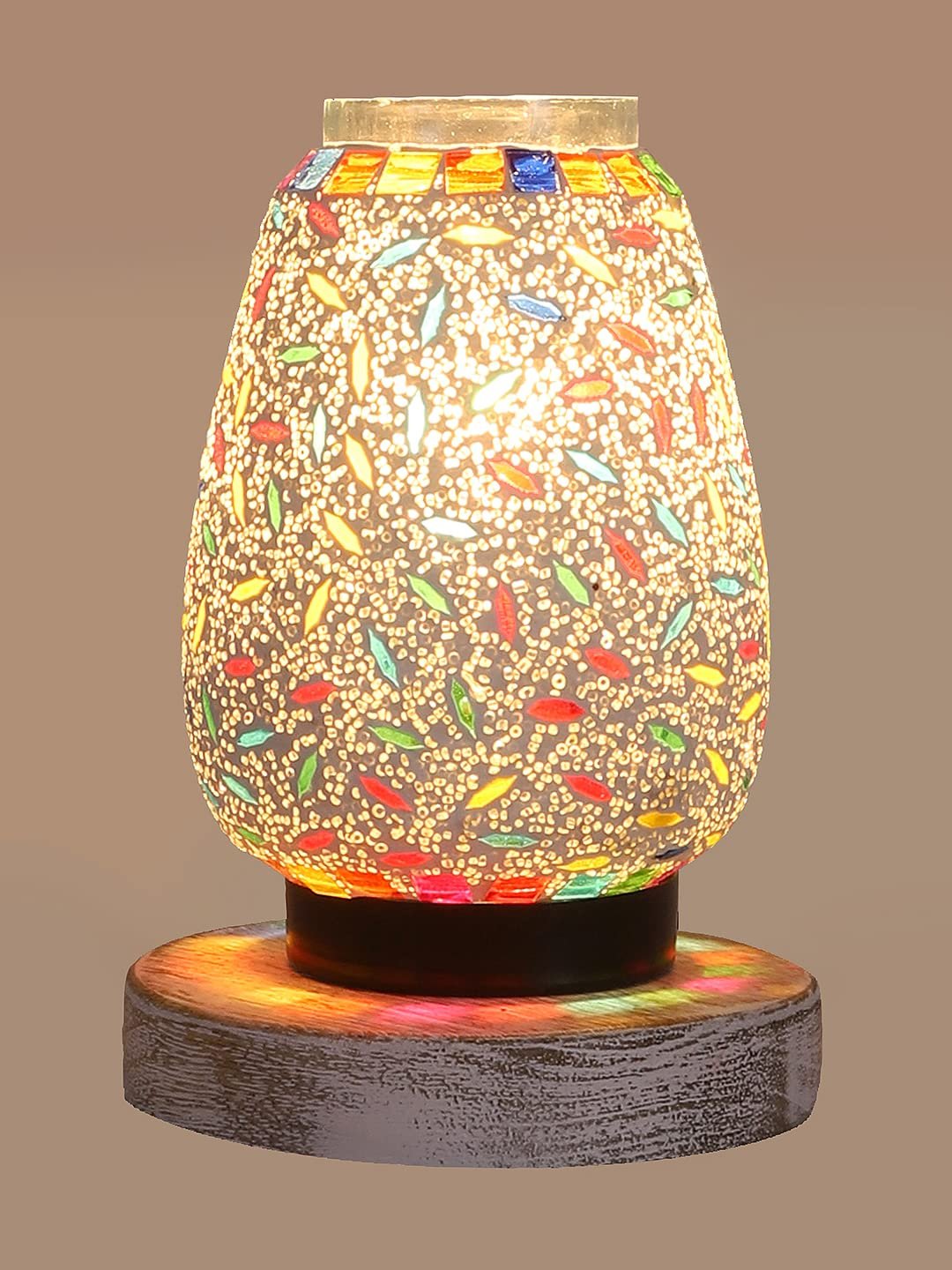 White Brushed Round Wood Multicolor Mosaic Glass Table Lamp -FD51