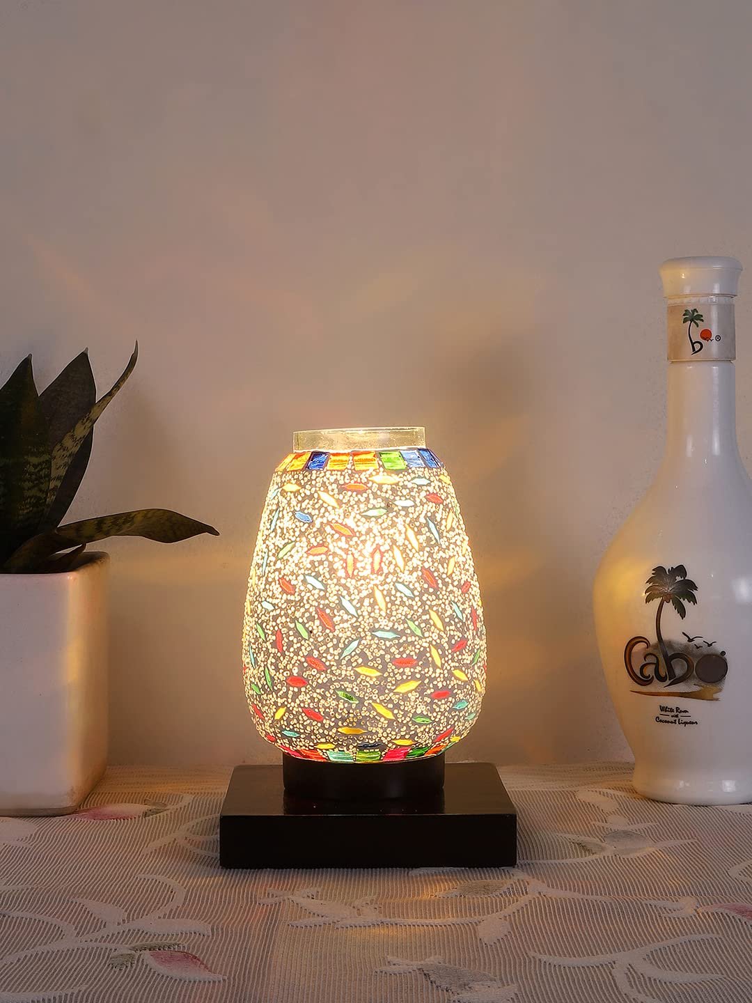 Black Square Wood Multicolor Mosaic Glass Table Lamp -FD53
