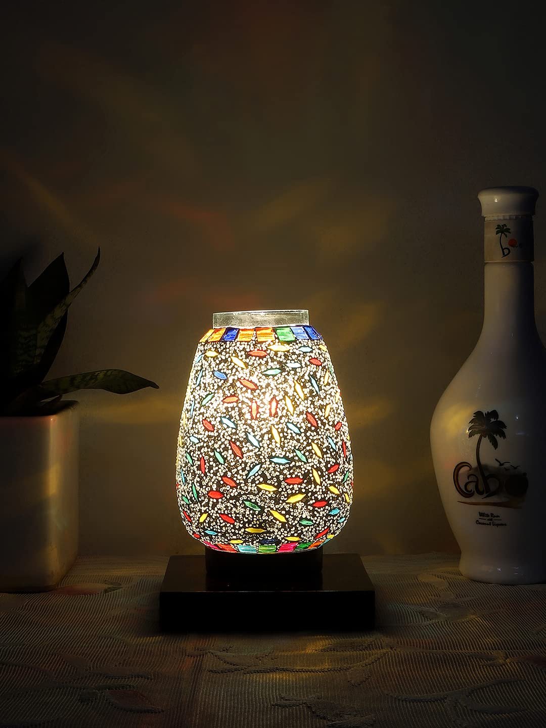 Black Square Wood Multicolor Mosaic Glass Table Lamp -FD53
