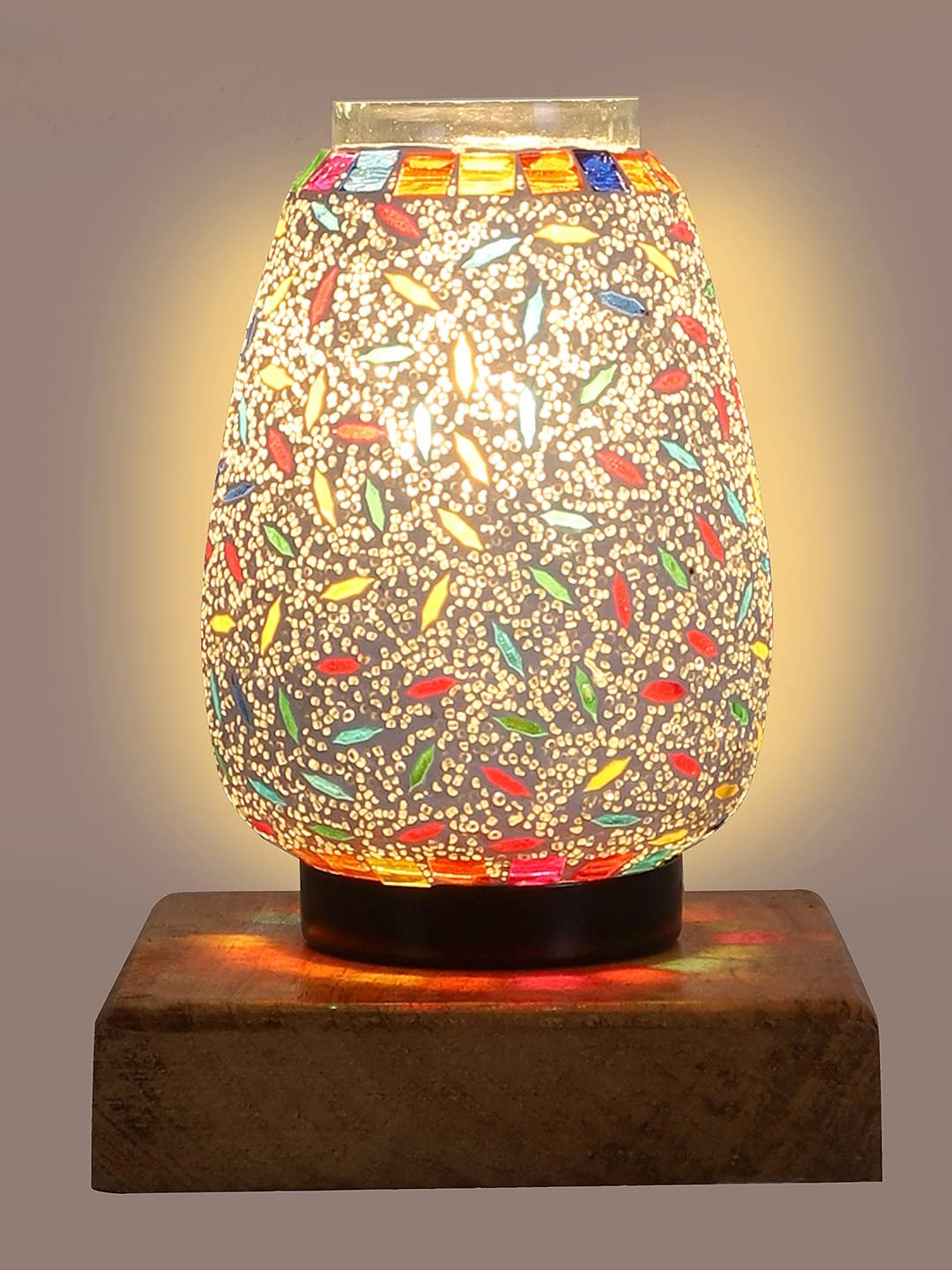Natural Square Wood Multicolor Mosaic Glass Table Lamp -FD57
