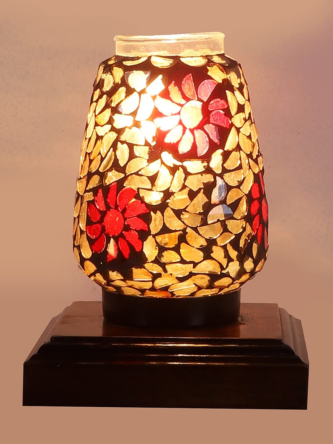 Dark Brown Square Wood Multicolor Mosaic Glass Table Lamp -FD60