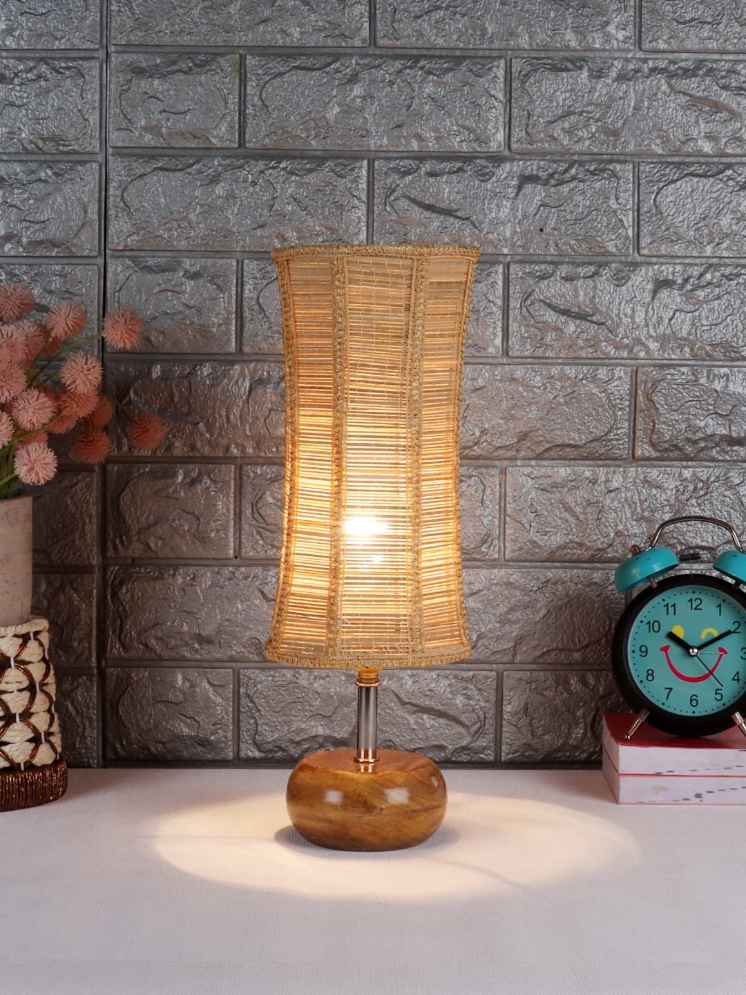 Wood Table lamp with Damru Bamboo Shade