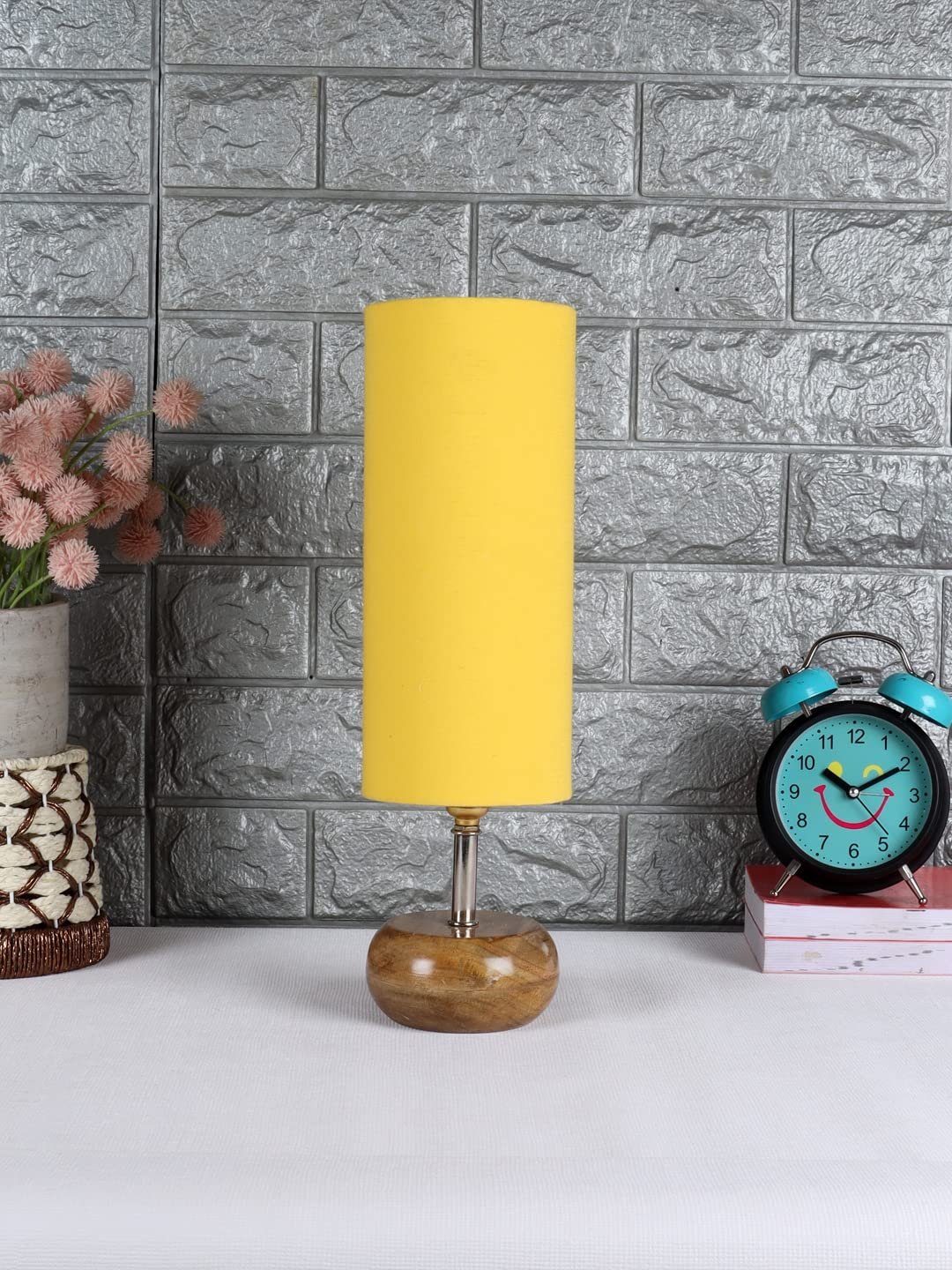Wood Table lamp with Yellow Cotton Shade