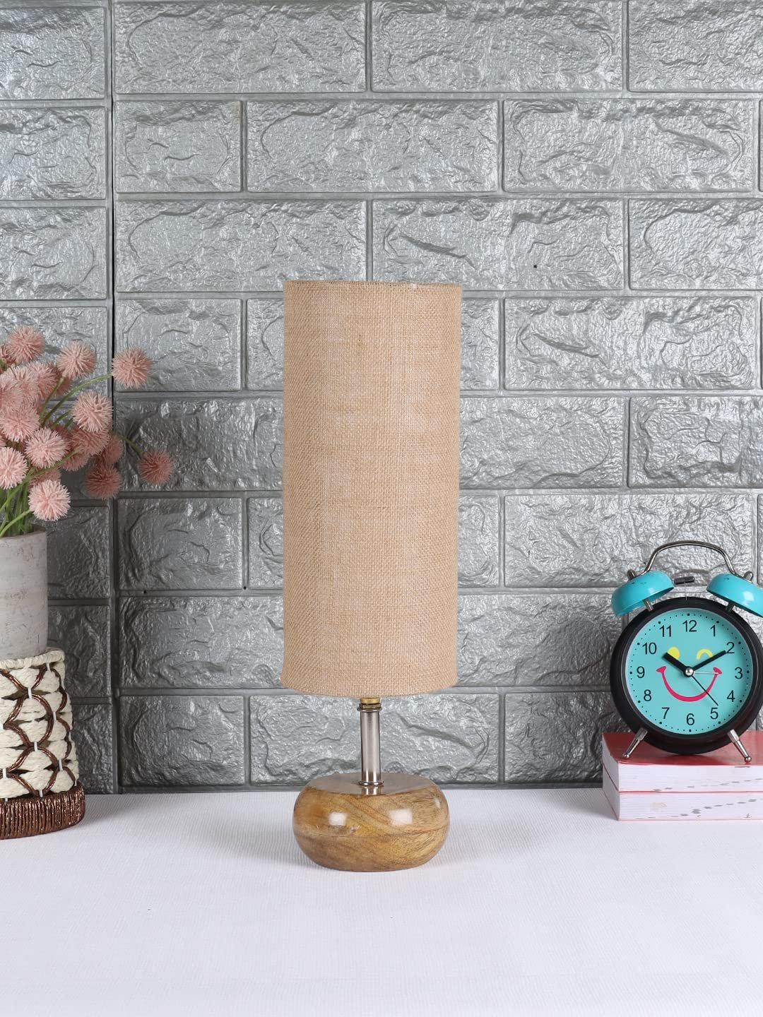 Wood Table lamp with Beige Jute Shade