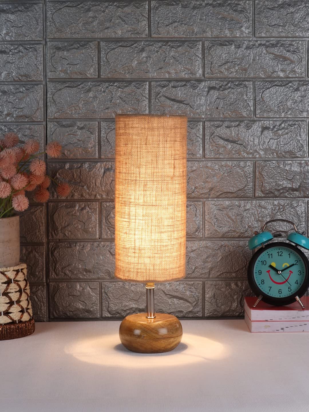 Wood Table lamp with Beige Jute Shade