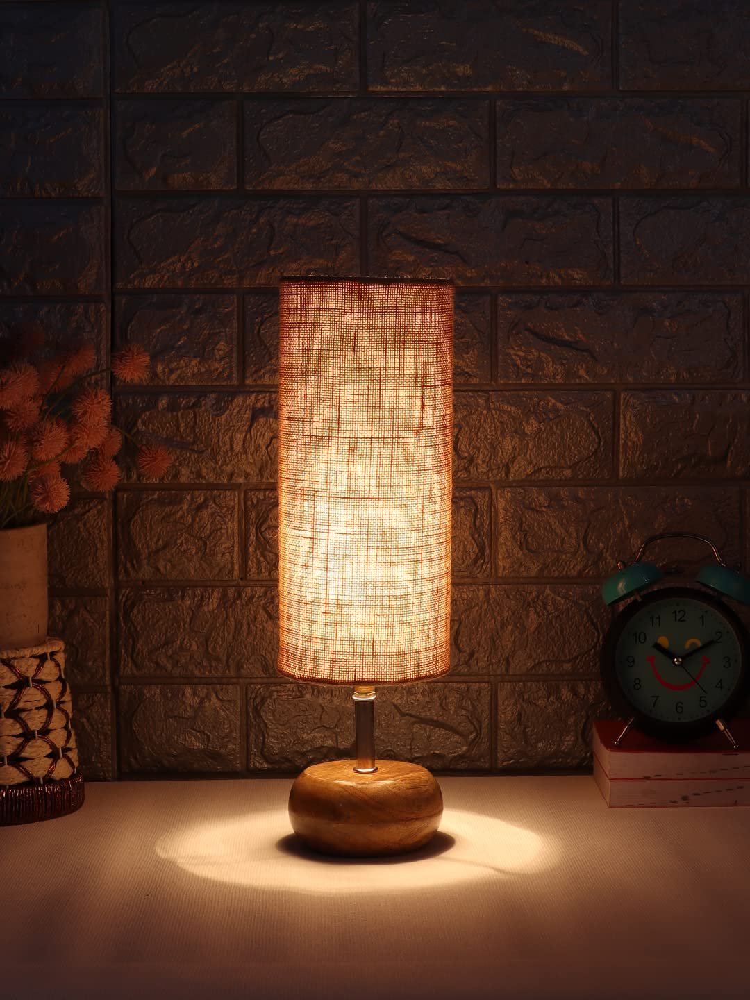 Wood Table lamp with Beige Jute Shade