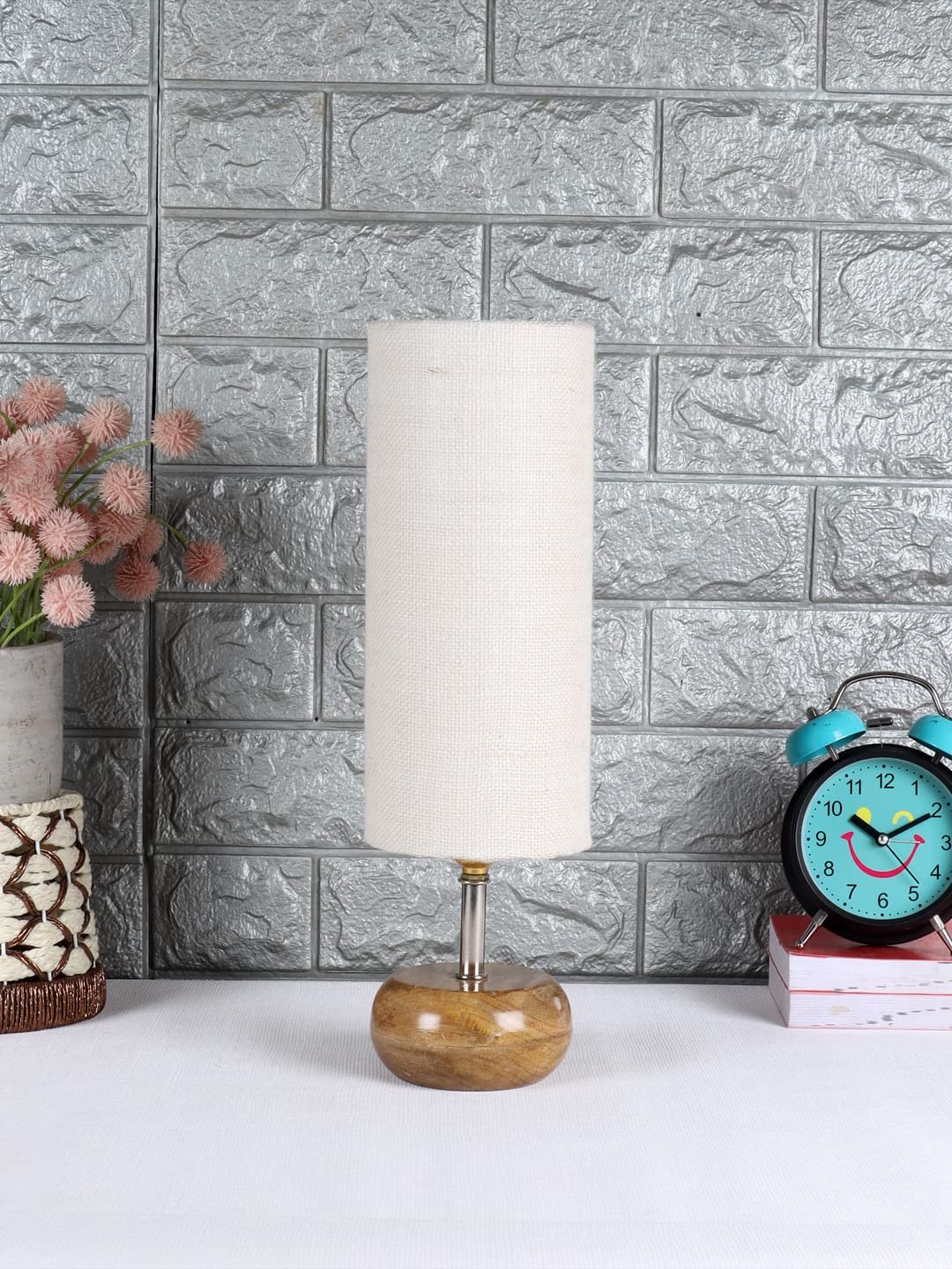 Wood Table lamp with White Jute Shade