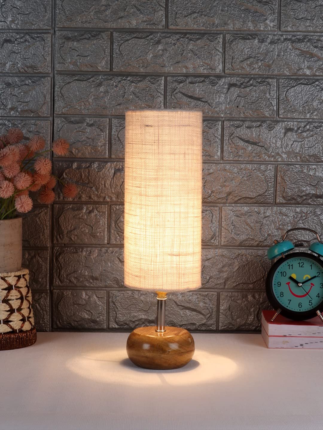 Wood Table lamp with White Jute Shade