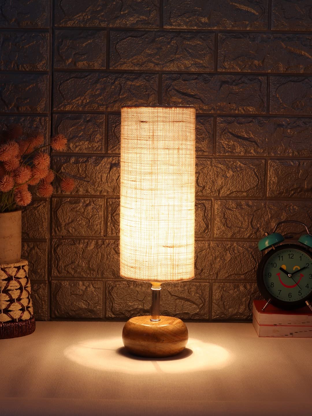 Wood Table lamp with White Jute Shade