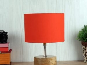 Wood Table lamp with Orange Cotton Shade