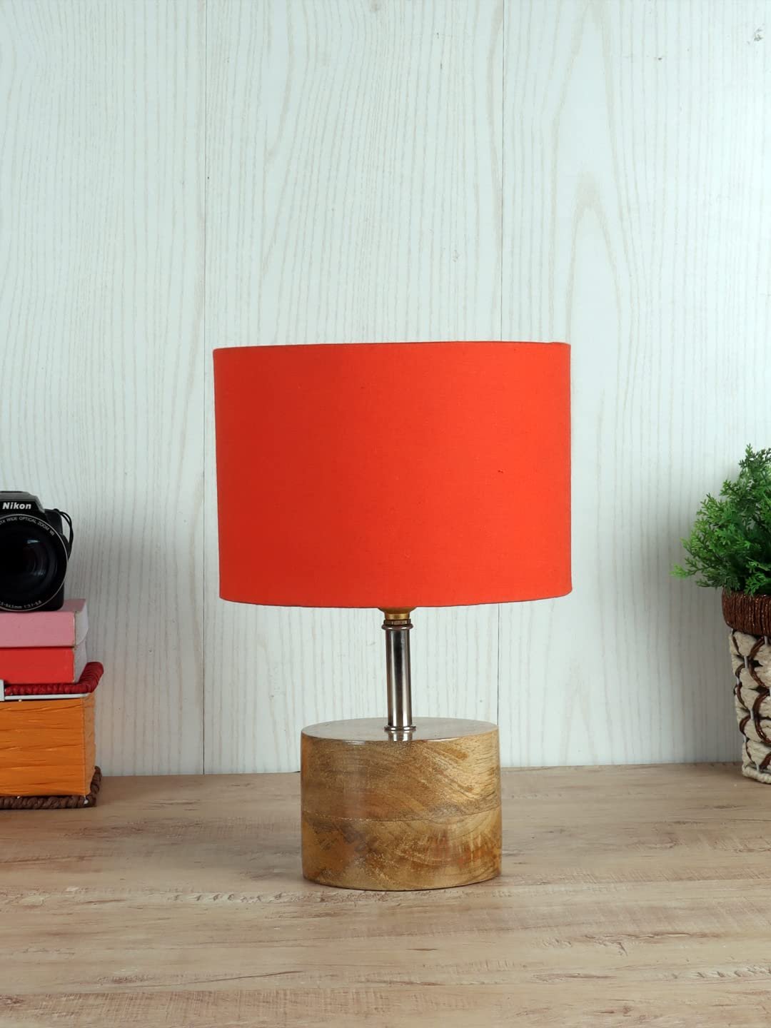 Wood Table lamp with Orange Cotton Shade