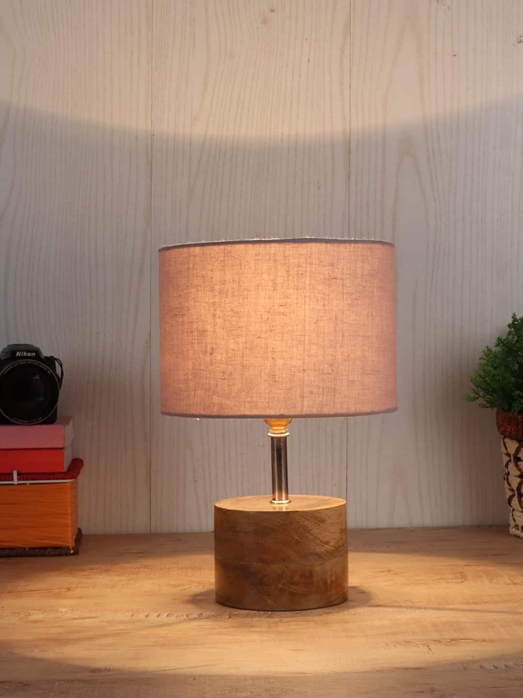 Wood Table lamp with Grey Cotton Shade