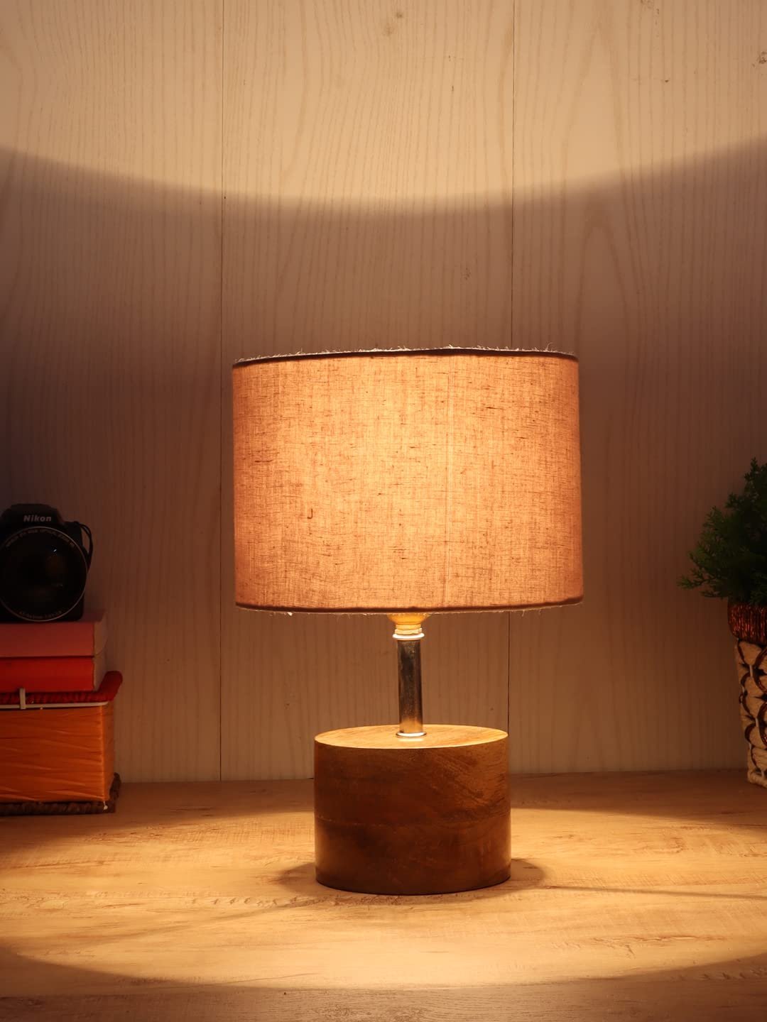 Wood Table lamp with Grey Cotton Shade