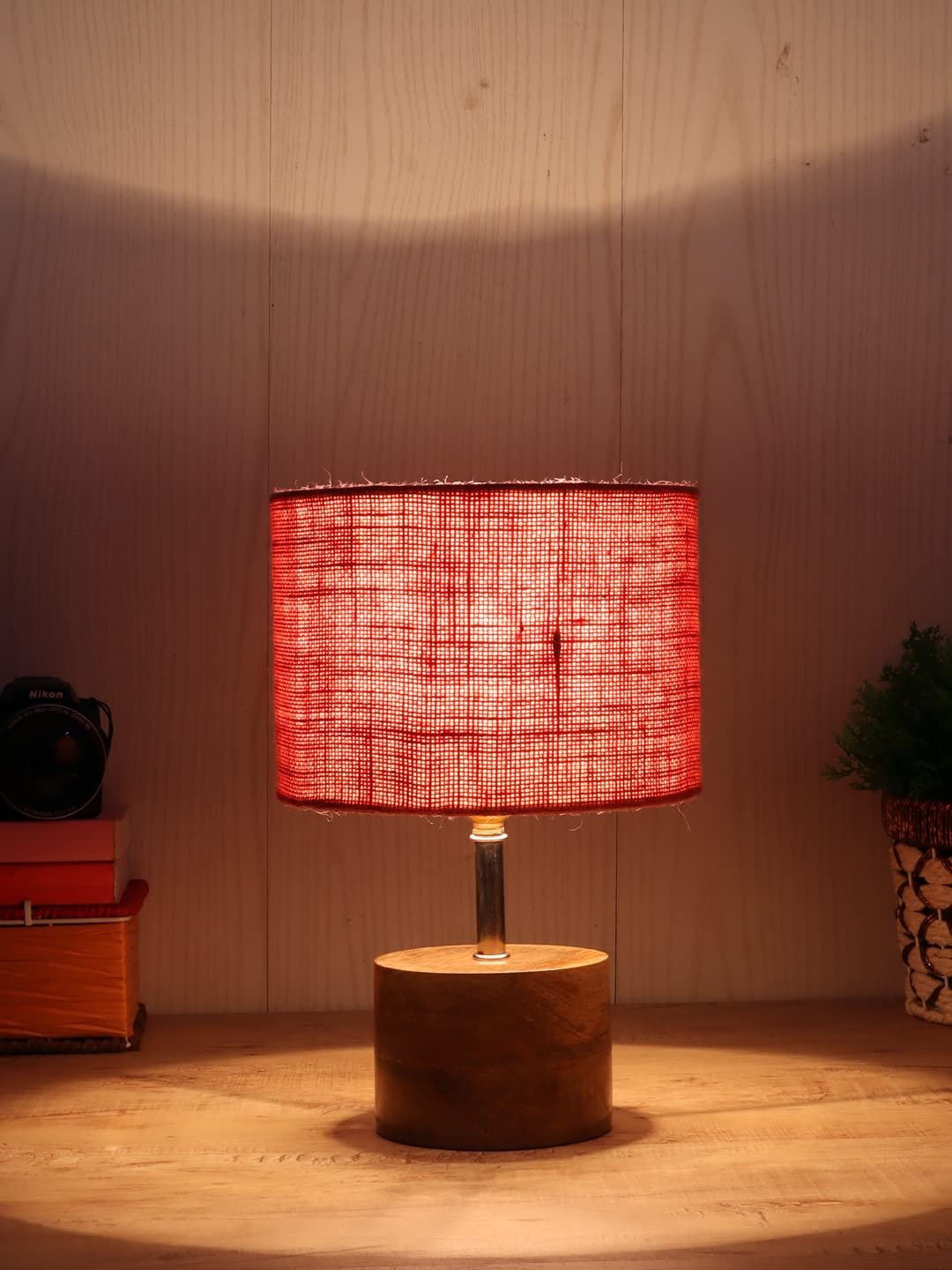 Wood Table lamp with Pink Jute Shade