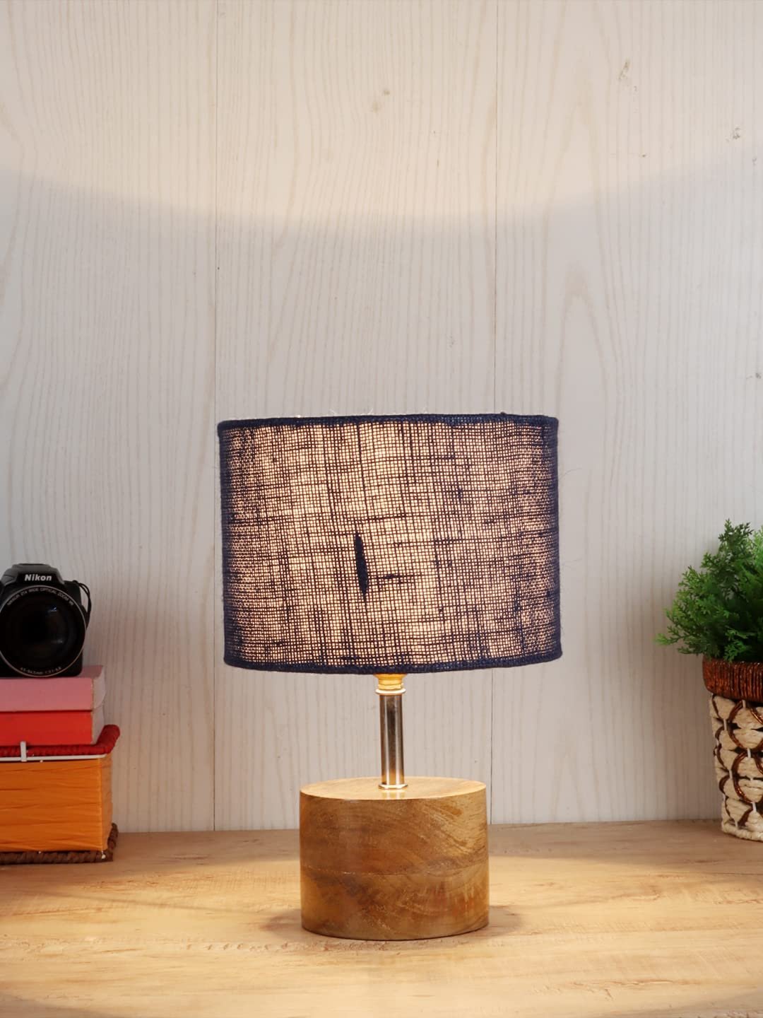Wood Table lamp with Blue Jute Shade
