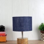 Wood Table lamp with Blue Jute Shade