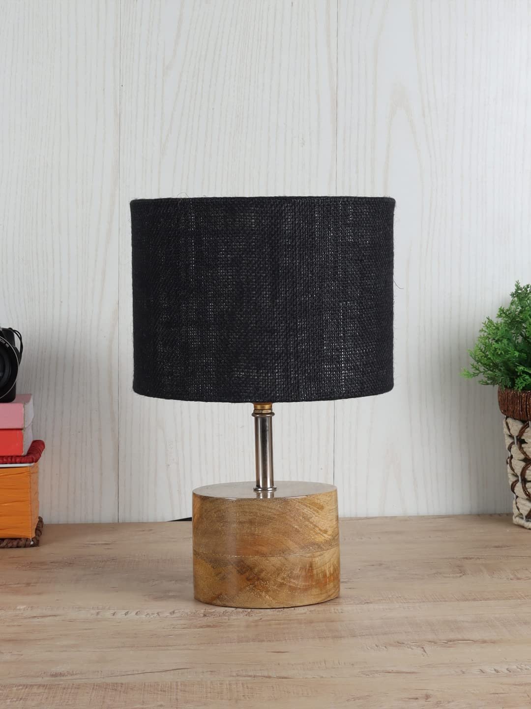 Wood Table lamp with Black Jute Shade