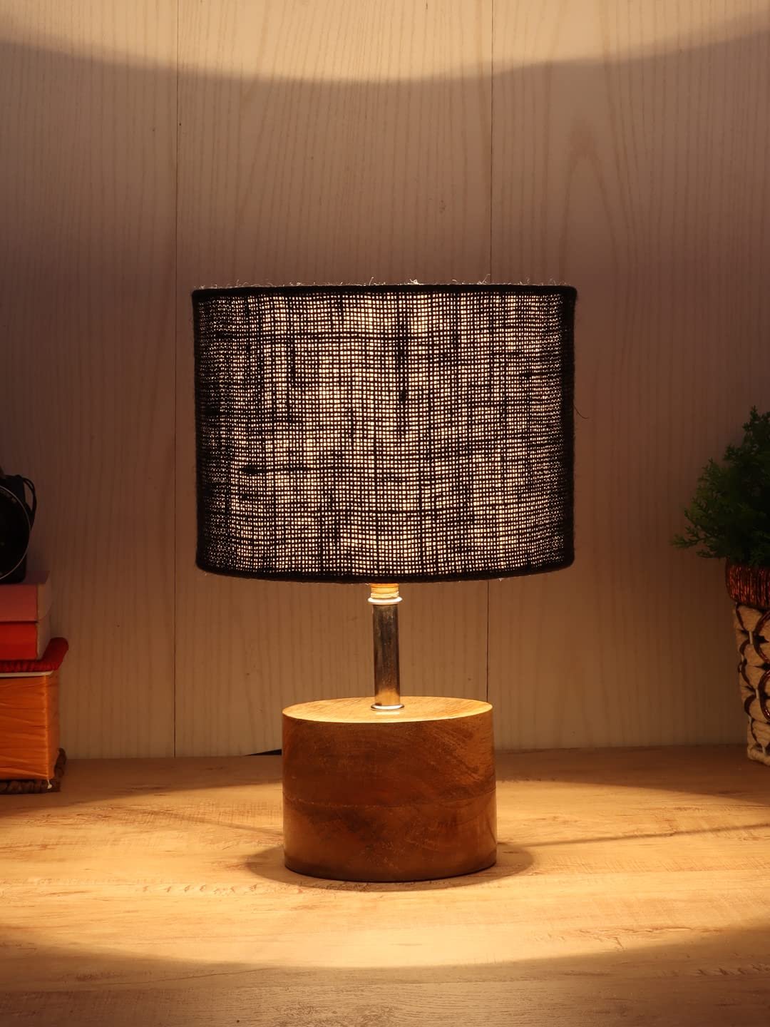 Wood Table lamp with Black Jute Shade