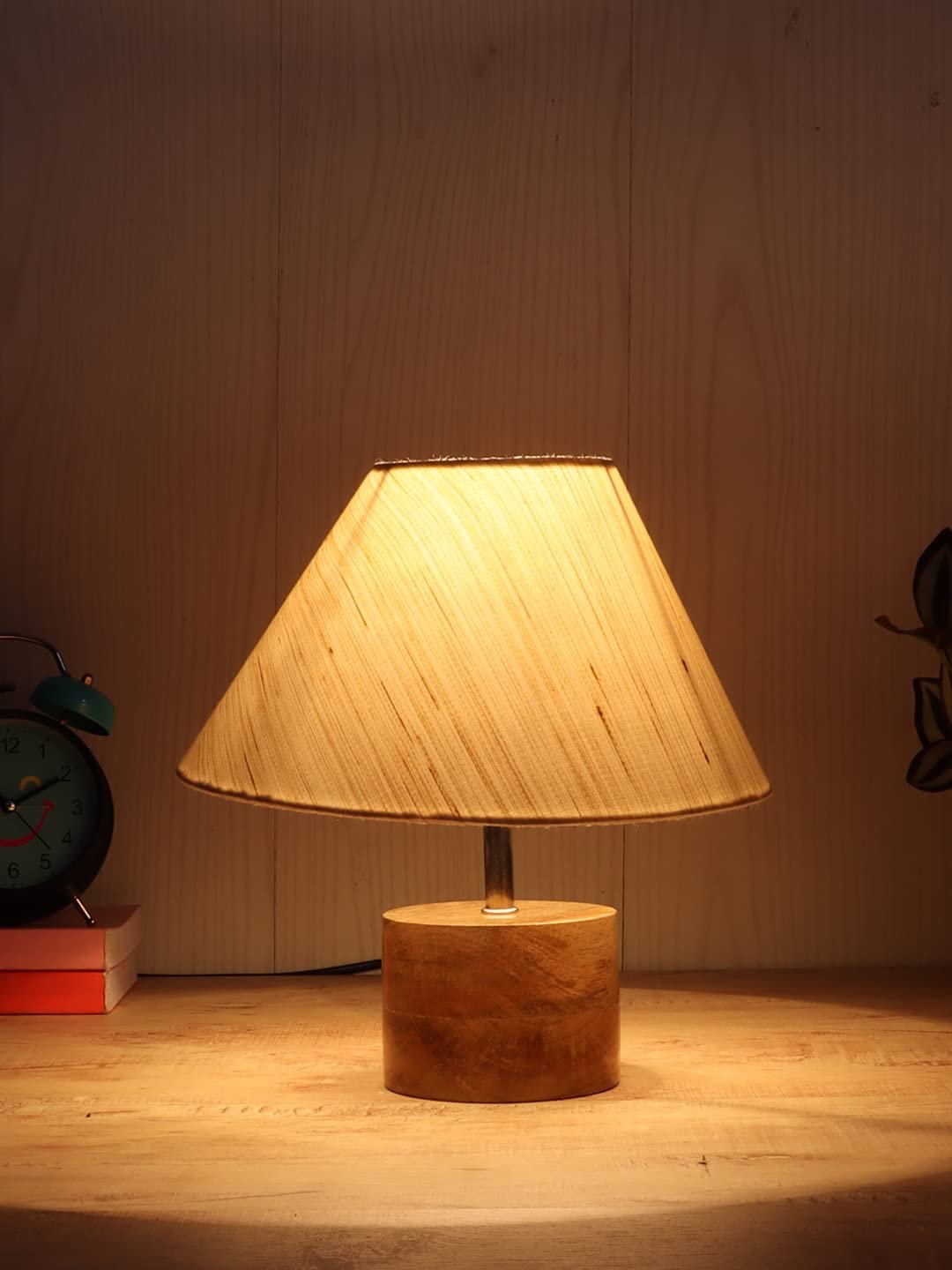 Wood Table lamp with Off-White Cotton Shade