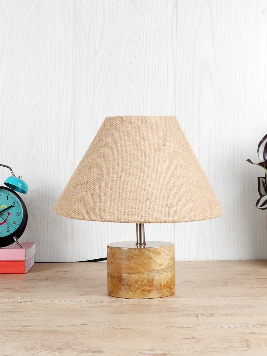 Wood Table lamp with Beige Jute Shade