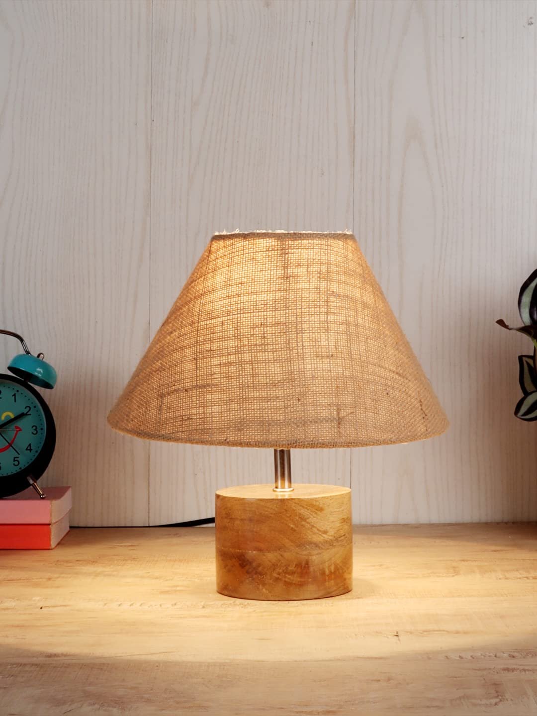Wood Table lamp with Beige Jute Shade