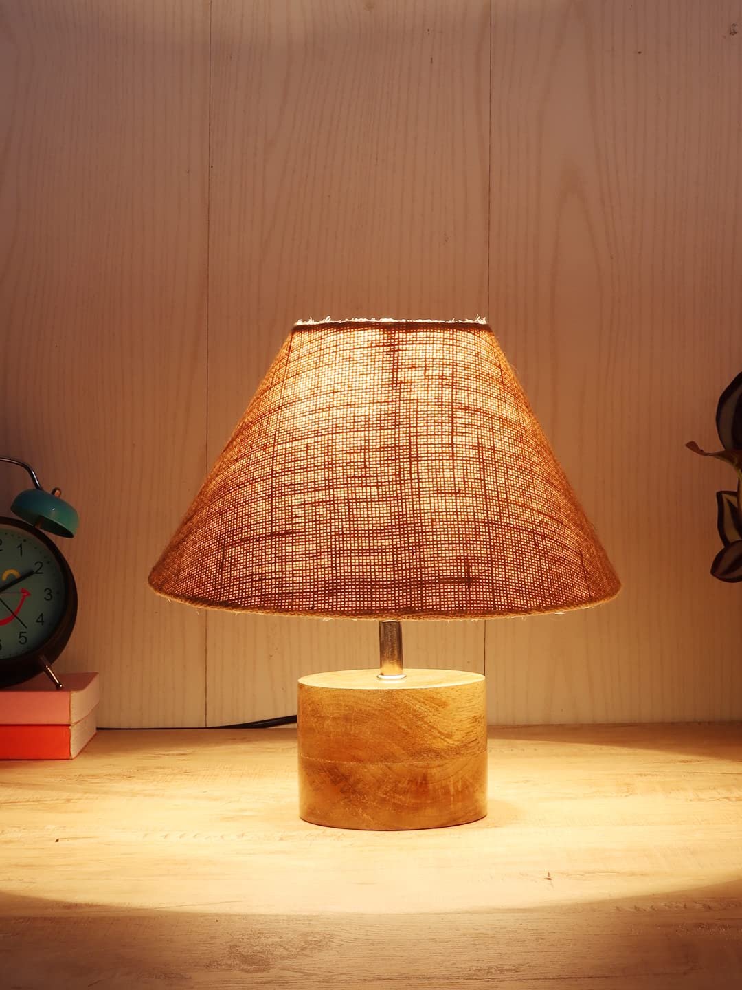 Wood Table lamp with Beige Jute Shade
