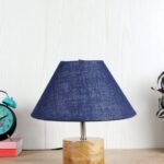 Wood Table lamp with Blue Jute Shade