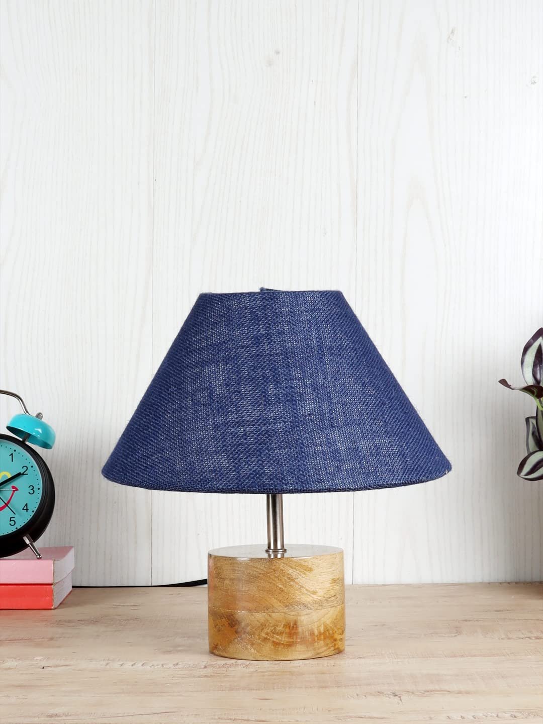 Wood Table lamp with Blue Jute Shade