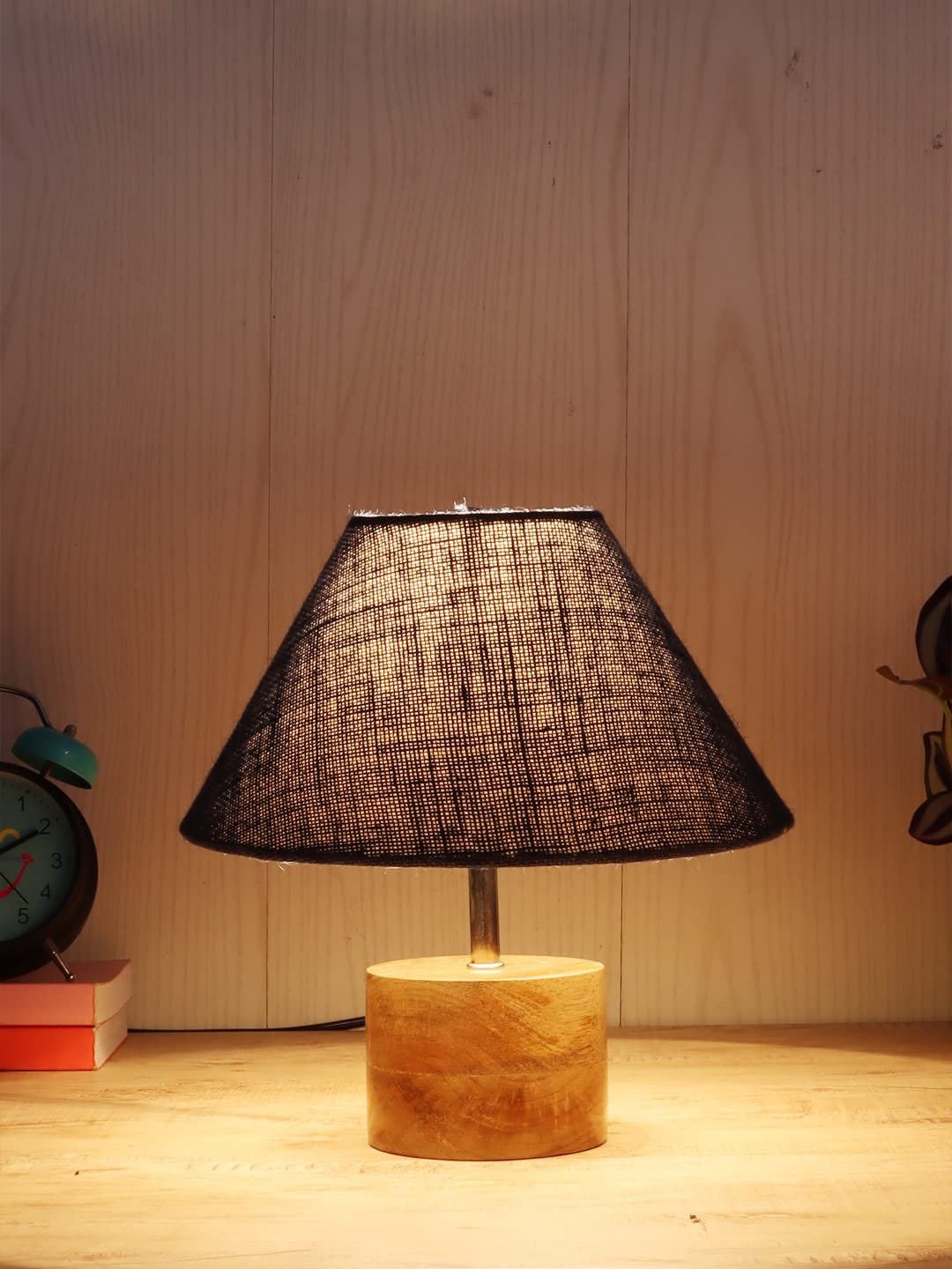 Wood Table lamp with Blue Jute Shade