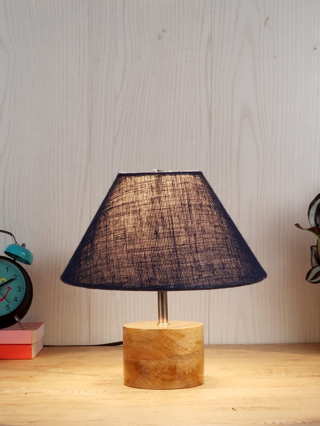 Wood Table lamp with Blue Jute Shade