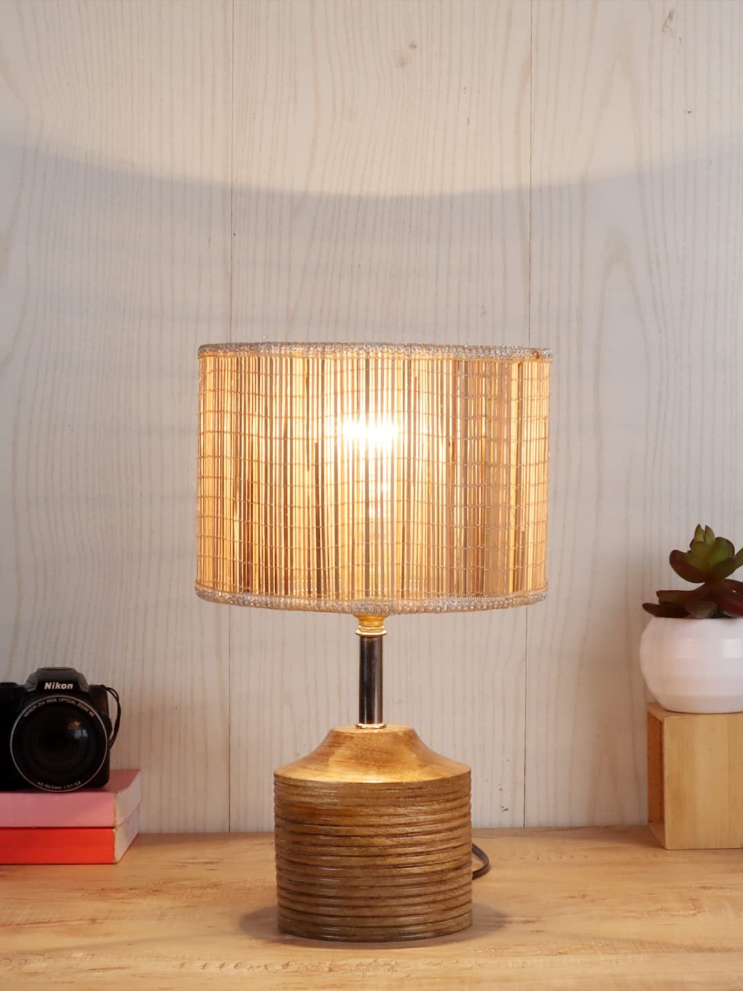 Wood Table lamp with Bamboo Shade