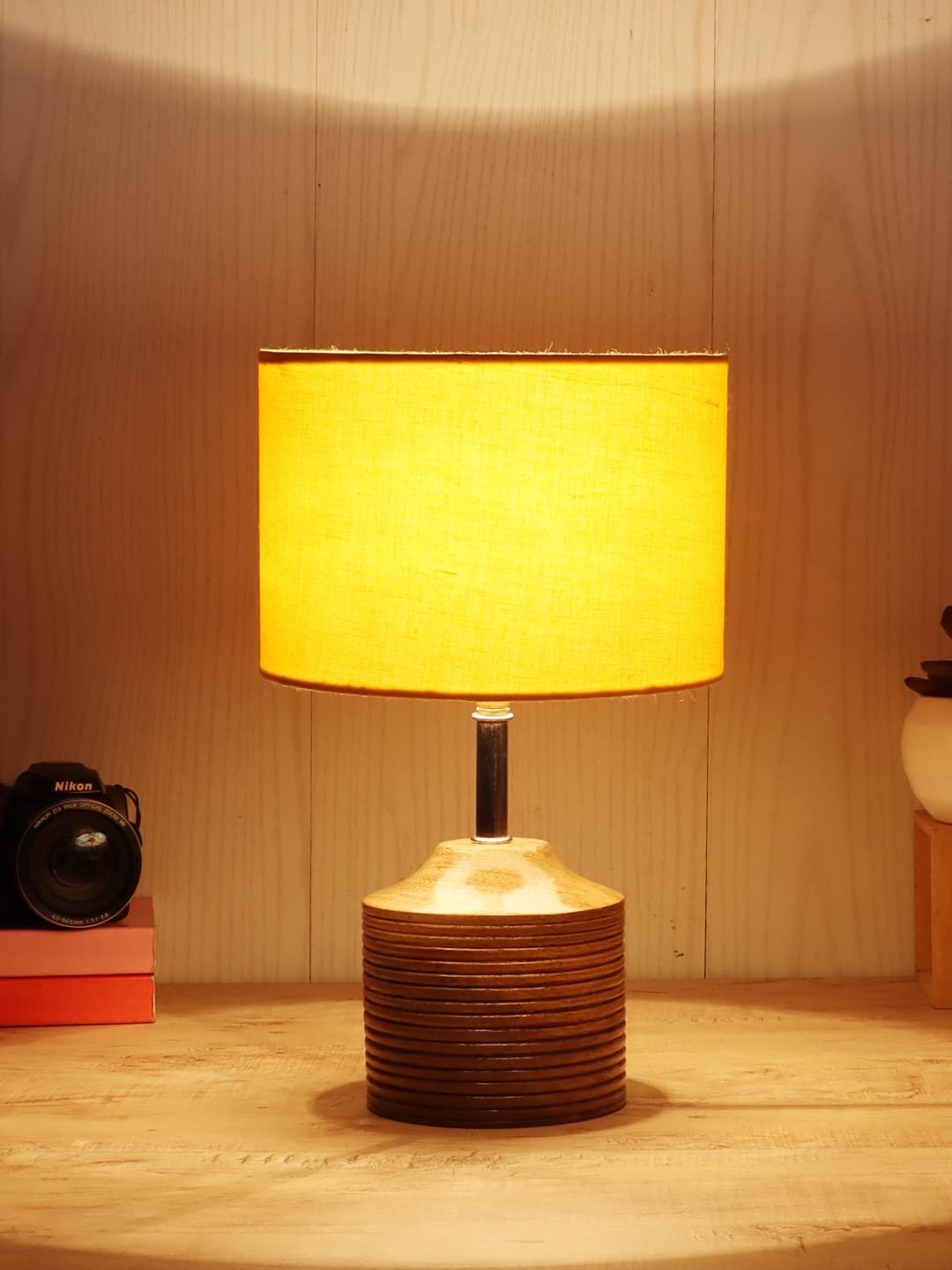 Wood Table lamp with Yellow Cotton Shade