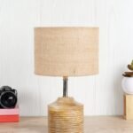 Wood Table lamp with Beige Jute Shade