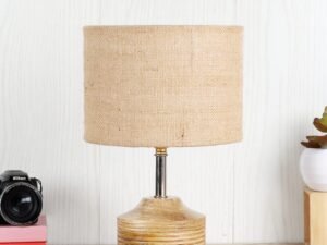 Wood Table lamp with Beige Jute Shade