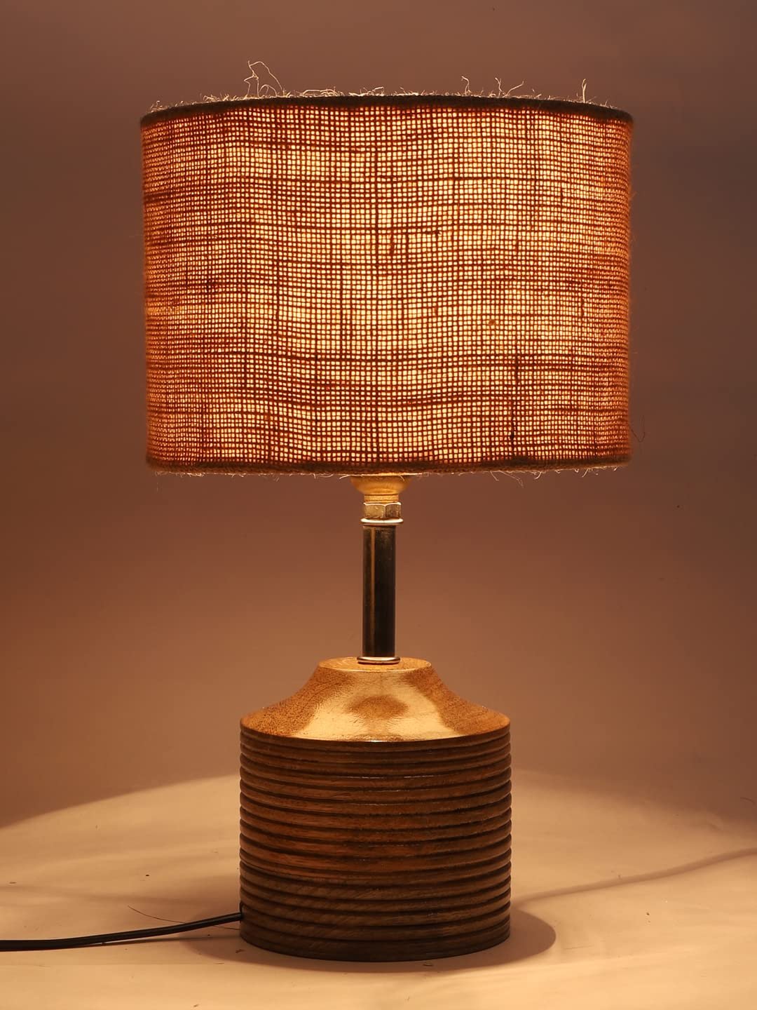 Wood Table lamp with Beige Jute Shade