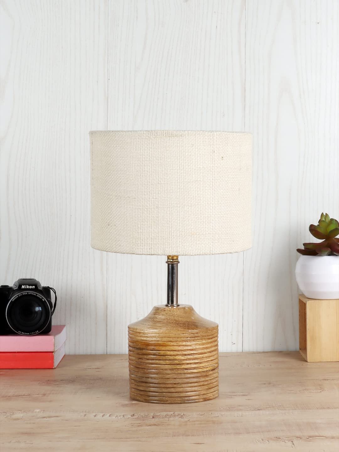 Wood Table lamp with White Jute Shade