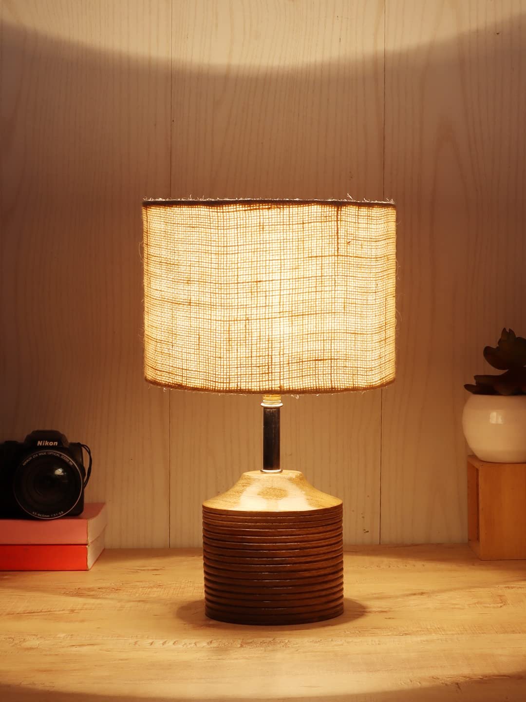 Wood Table lamp with White Jute Shade