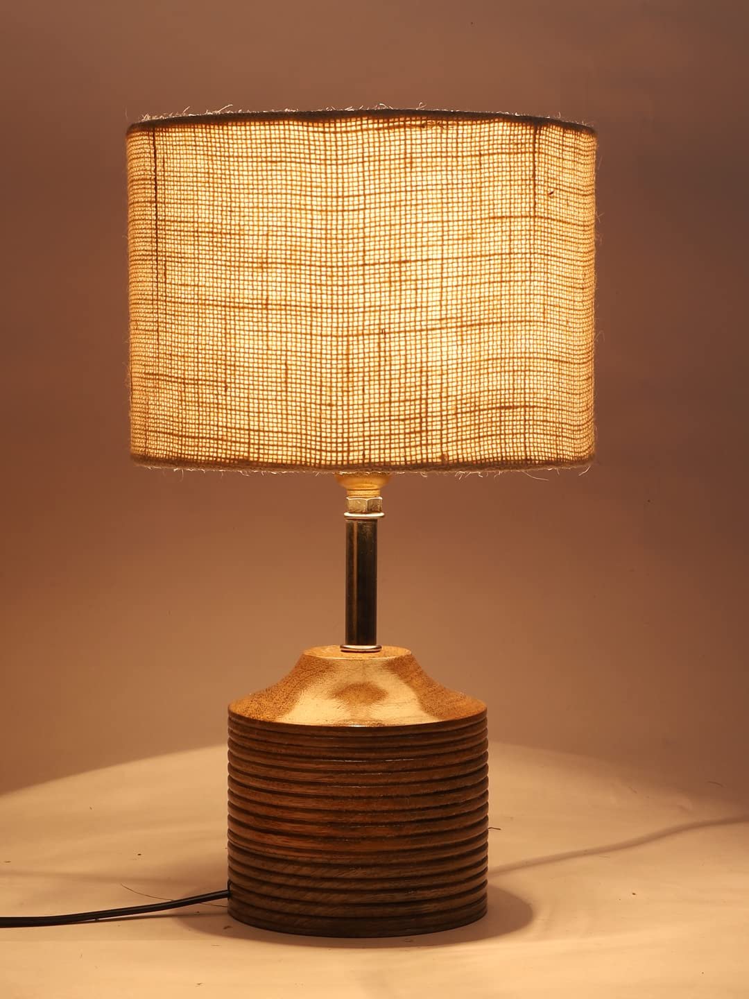 Wood Table lamp with White Jute Shade