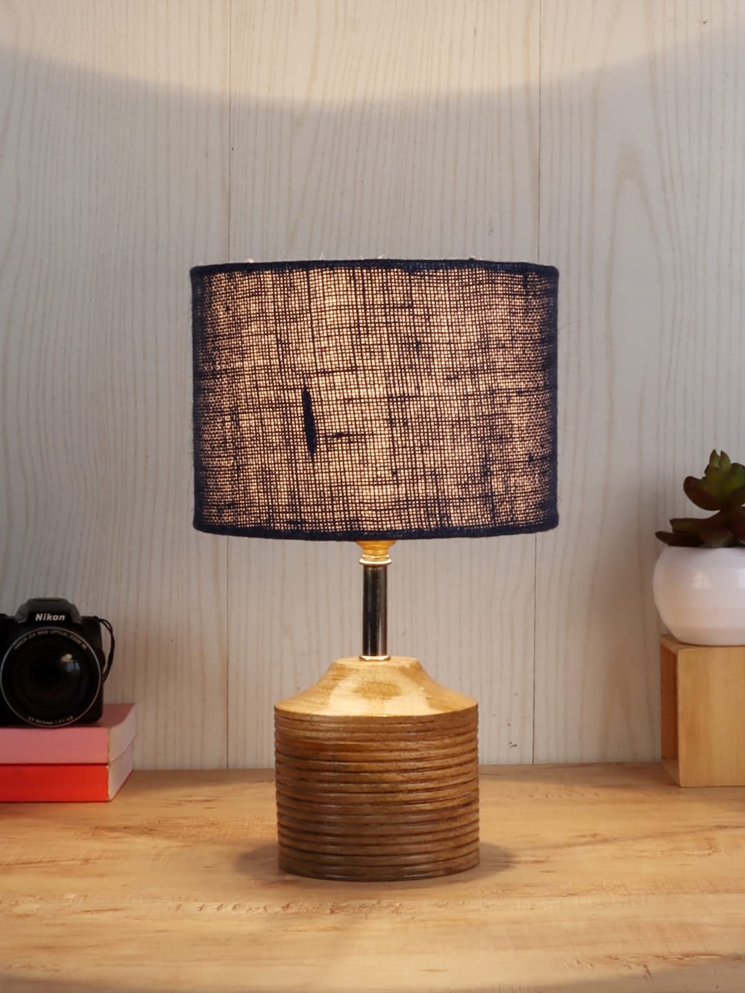 Wood Table lamp with Blue Jute Shade