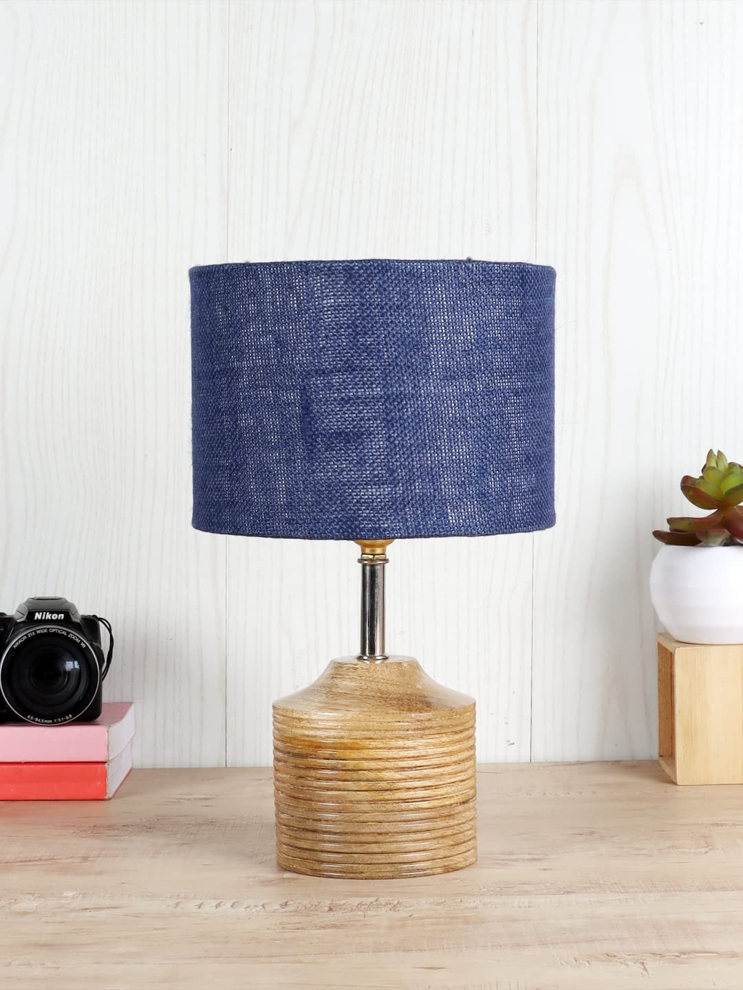 Wood Table lamp with Blue Jute Shade