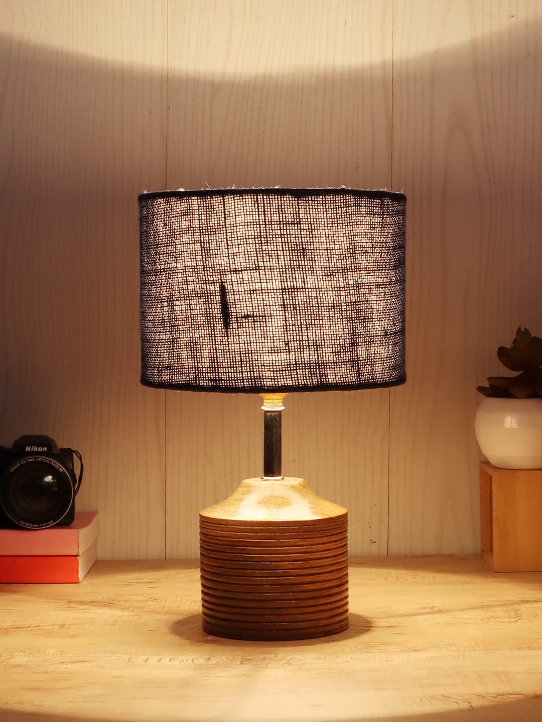 Wood Table lamp with Blue Jute Shade